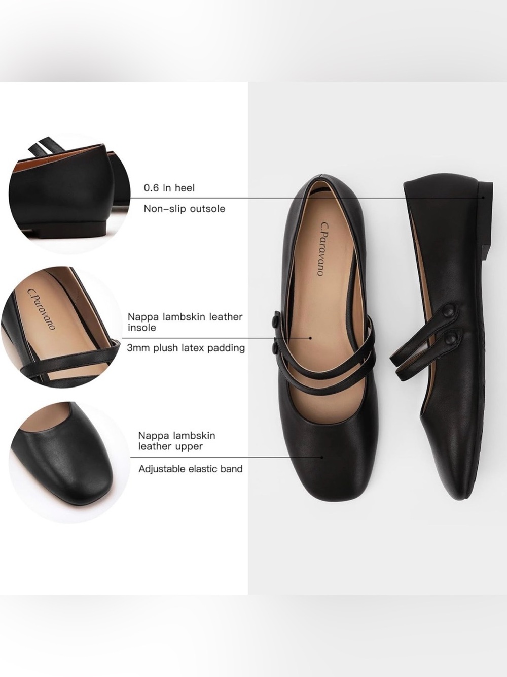 C.Paravano Genuine Leather Women's Flats Mary Jane Flats Square Toe Shoes 39.5 - Picture 5 of 10